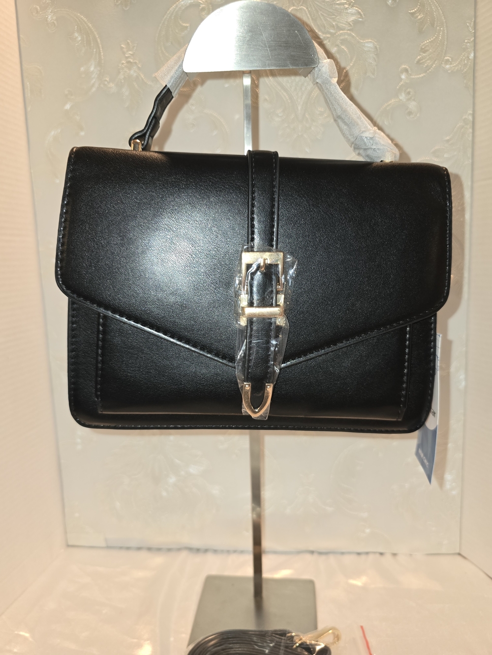 Black Leather-Effect Women’s Crossbody Bag with Gold Buckle